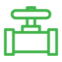 Green outline icon of an industrial valve with a wheel handle, shown in a simple, minimalist style on a white background—ideal for illustrating wireless or fiber network infrastructure concepts.